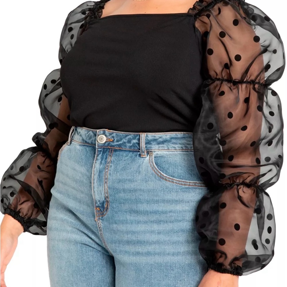 Black Sheer Polka Dot Puff Sleeve Top